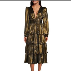 Plunge v-Neck long blouson sleeve tiered ruffle for and flair midi dress